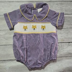 Purple Gingham Kids Bodysuit with Embroidered Cats
